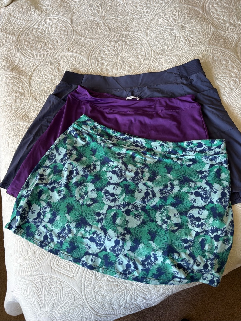 3 pack Women’s XL Purple, Black  and Blue-Green Patterned Athletic Skort Sets
